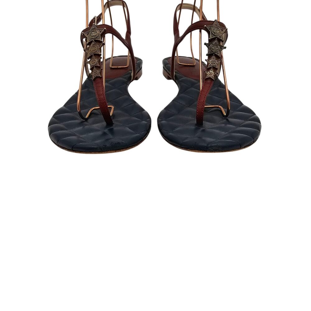 Chanel CC Star T Strap Thong Flat Sandal Navy Red Quilt Leather 40 C US 9 9.5 - Picture 4 of 12